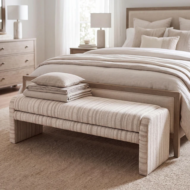 Main image of 62.2 Inch Striped Upholstered Ottoman Bench, Wraparound Frame Decorative Ottoman Textured Fabric Accent for Bed End
