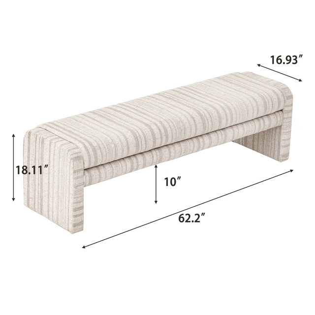 Alt view image 3 of 7 - 62.2 Inch Striped Upholstered Ottoman Bench, Wraparound Frame Decorative Ottoman Textured Fabric Accent for Bed End