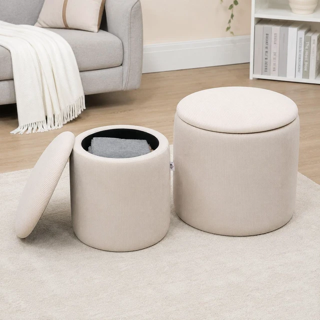 Main image of Ottoman with Storage Set, Corduroy Stool with Removable Lid Hidden Space Nesting Ottoman Stool for Living, Creamy