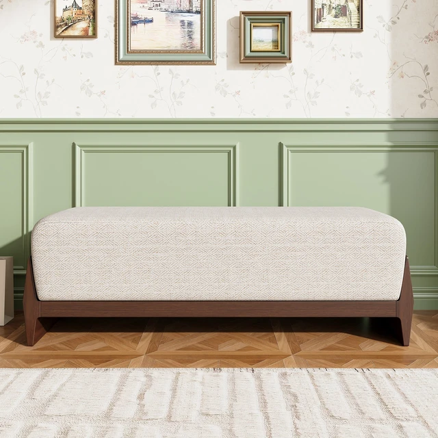 Main image of Rubber Solid Bench with Soft Cushions, Can Accommodate Three People, Brown Beige, Fabric, Foam and Rubber Wood, Ottomans