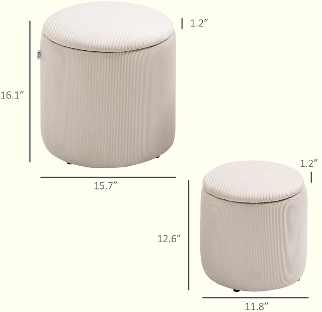 Alt view image 7 of 7 - Ottoman with Storage Set, Corduroy Stool with Removable Lid Hidden Space Nesting Ottoman Stool for Living, Creamy
