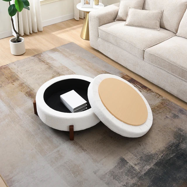 Alt view image 3 of 7 - Video Provided 33.00 Inch Storage Ottoman, Round Footrest with Sponge Padded Seat Teddy Fabric Step Stool for Sofa