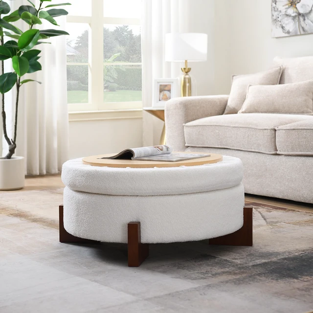 Main image of Video Provided 33.00 Inch Storage Ottoman, Round Footrest with Sponge Padded Seat Teddy Fabric Step Stool for Sofa