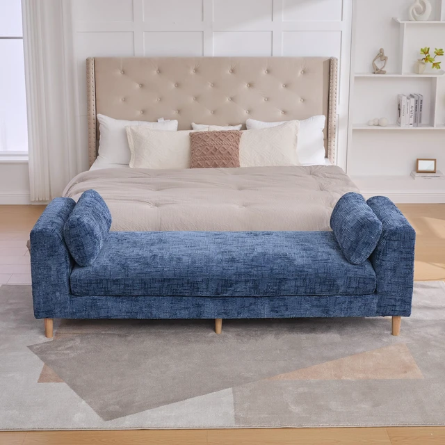 Alt view image 2 of 7 - 83.1 Inch Wide Upholstered End Bed Bench with Armrests, Chenille Chaise Lounge Couch with Bolster Pillows Daybed