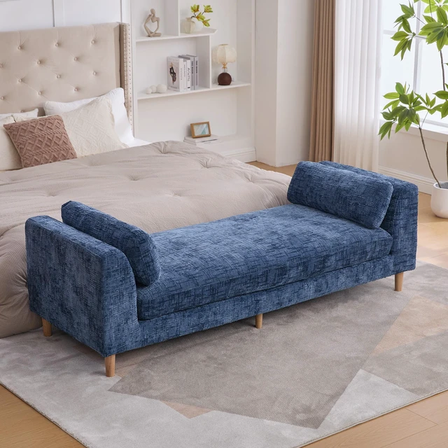 Main image of 83.1 Inch Wide Upholstered End Bed Bench with Armrests, Chenille Chaise Lounge Couch with Bolster Pillows Daybed