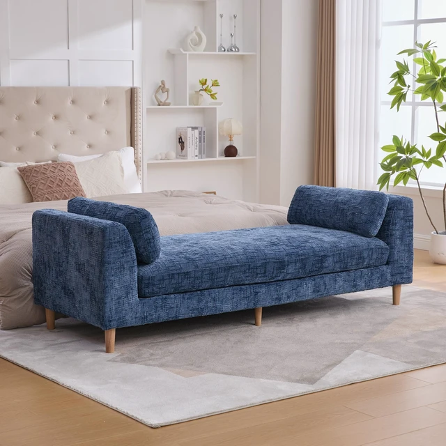 Alt view image 5 of 7 - 83.1 Inch Wide Upholstered End Bed Bench with Armrests, Chenille Chaise Lounge Couch with Bolster Pillows Daybed