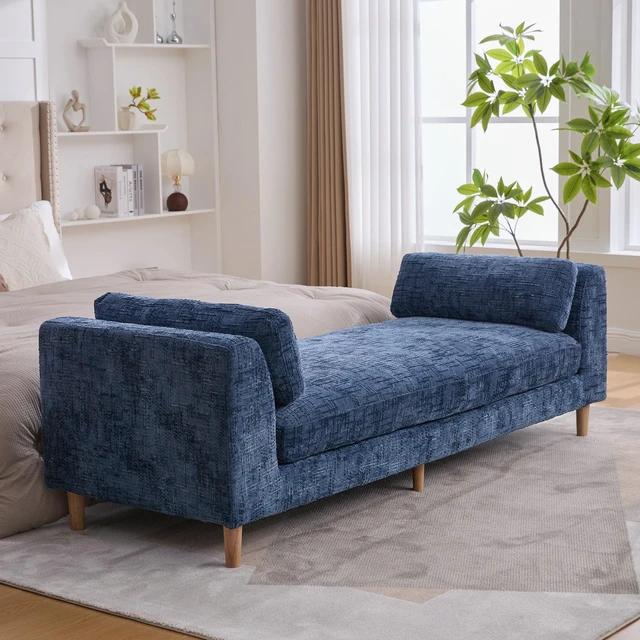 Alt view image 3 of 7 - 83.1 Inch Wide Upholstered End Bed Bench with Armrests, Chenille Chaise Lounge Couch with Bolster Pillows Daybed