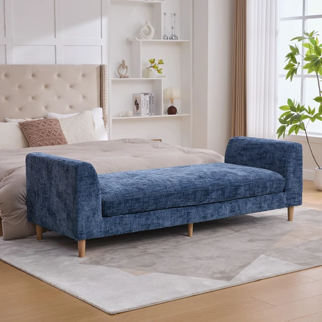 Alt view image 4 of 7 - 83.1 Inch Wide Upholstered End Bed Bench with Armrests, Chenille Chaise Lounge Couch with Bolster Pillows Daybed