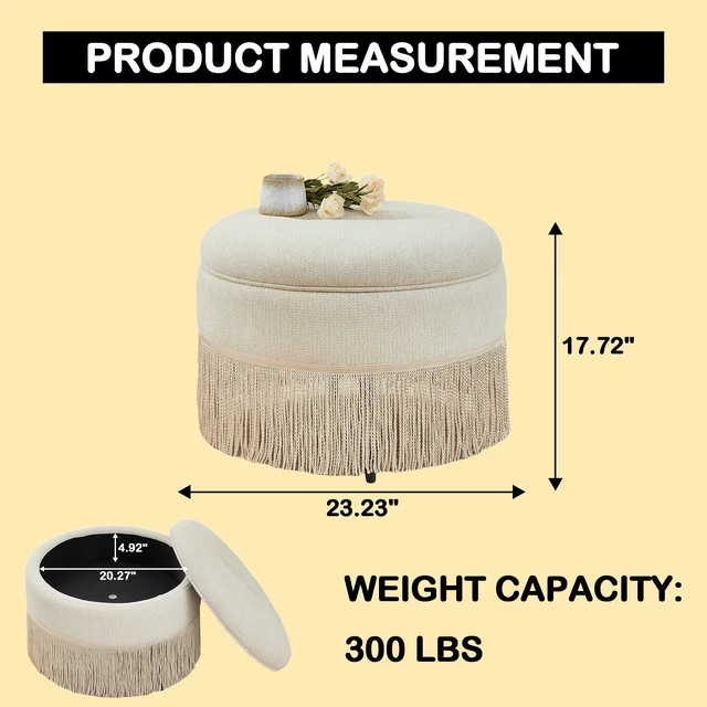 Alt view image 2 of 7 - Round Storage Ottoman Bench, 23.23 Inch Upholstered Footstool with Tassel Fringe 300 LBS Capacity Circular Storage Foot