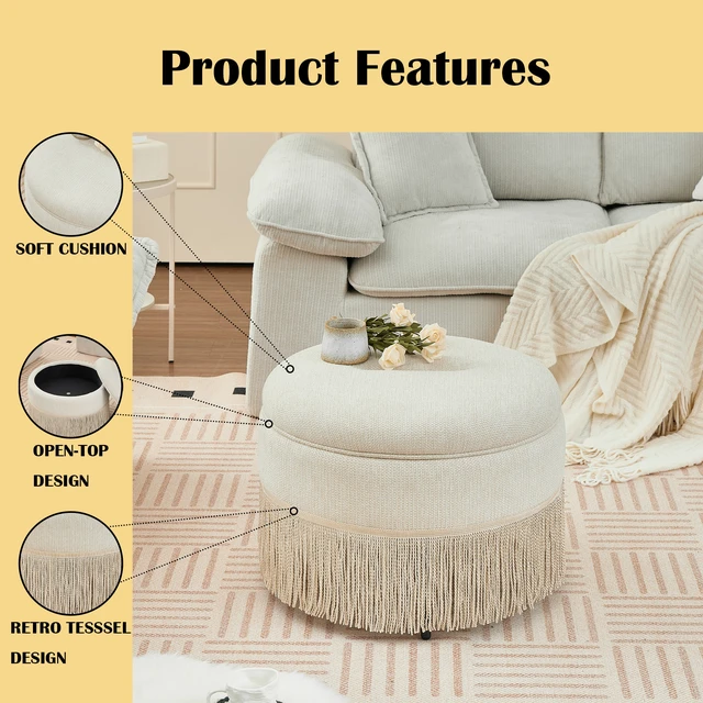 Alt view image 3 of 7 - Round Storage Ottoman Bench, 23.23 Inch Upholstered Footstool with Tassel Fringe 300 LBS Capacity Circular Storage Foot