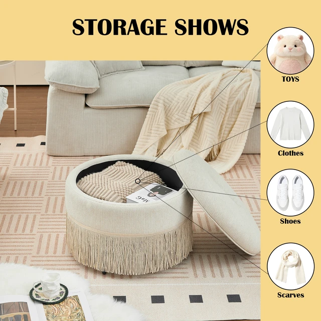 Alt view image 5 of 7 - Round Storage Ottoman Bench, 23.23 Inch Upholstered Footstool with Tassel Fringe 300 LBS Capacity Circular Storage Foot