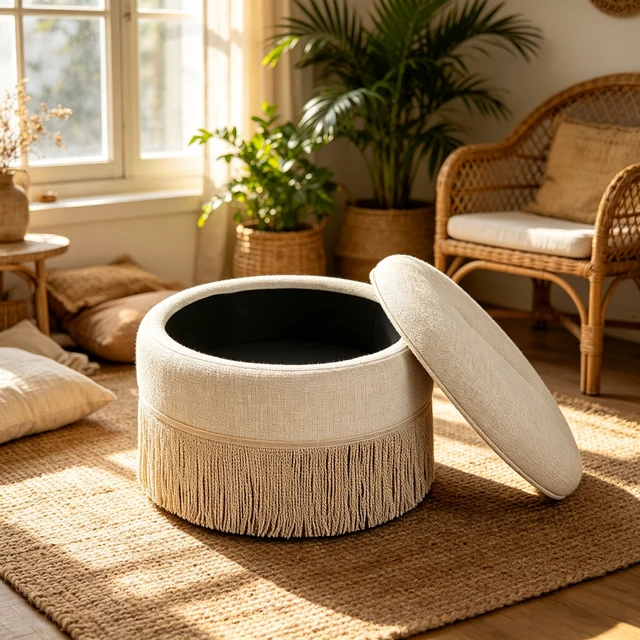 Alt view image 6 of 7 - Round Storage Ottoman Bench, 23.23 Inch Upholstered Footstool with Tassel Fringe 300 LBS Capacity Circular Storage Foot