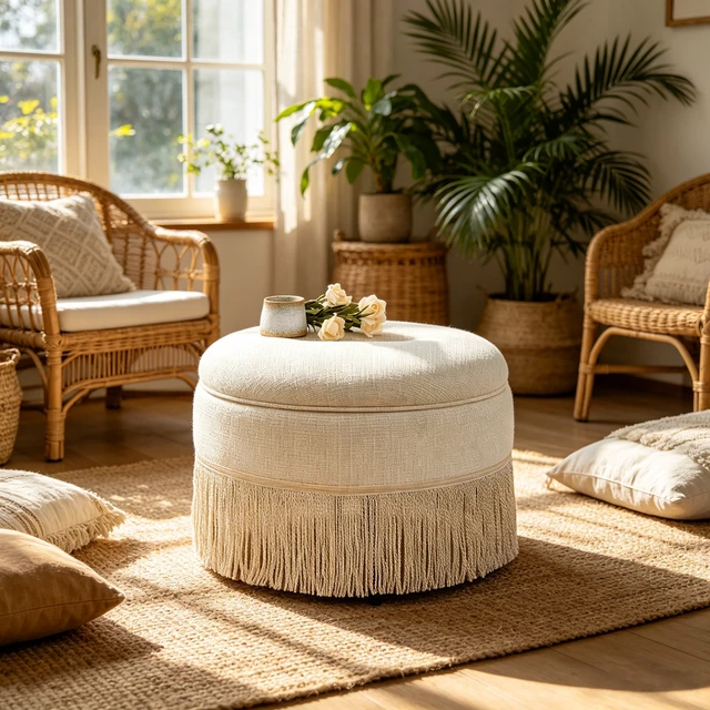 Alt view image 7 of 7 - Round Storage Ottoman Bench, 23.23 Inch Upholstered Footstool with Tassel Fringe 300 LBS Capacity Circular Storage Foot