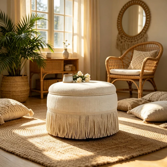 Main image of Round Storage Ottoman Bench, 23.23 Inch Upholstered Footstool with Tassel Fringe 300 LBS Capacity Circular Storage Foot