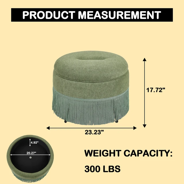 Alt view image 2 of 7 - Round Storage Ottoman Bench, 23.23 Inch Upholstered Footstool with Tassel Fringe 300 LBS Capacity Circular Storage Foot