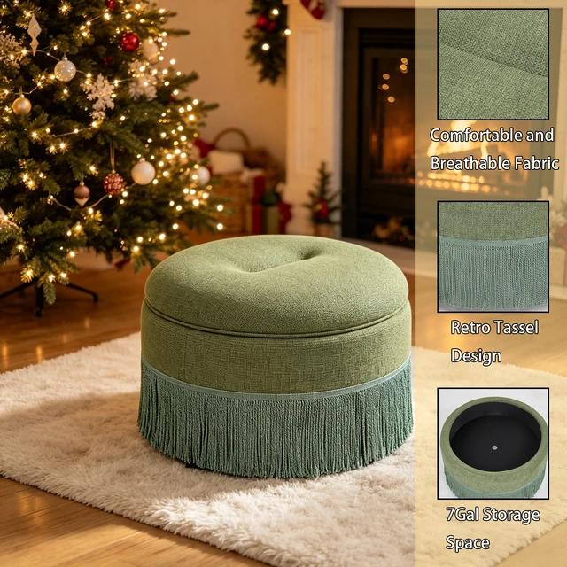 Alt view image 5 of 7 - Round Storage Ottoman Bench, 23.23 Inch Upholstered Footstool with Tassel Fringe 300 LBS Capacity Circular Storage Foot