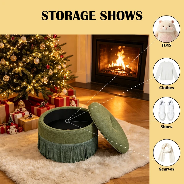 Alt view image 3 of 7 - Round Storage Ottoman Bench, 23.23 Inch Upholstered Footstool with Tassel Fringe 300 LBS Capacity Circular Storage Foot