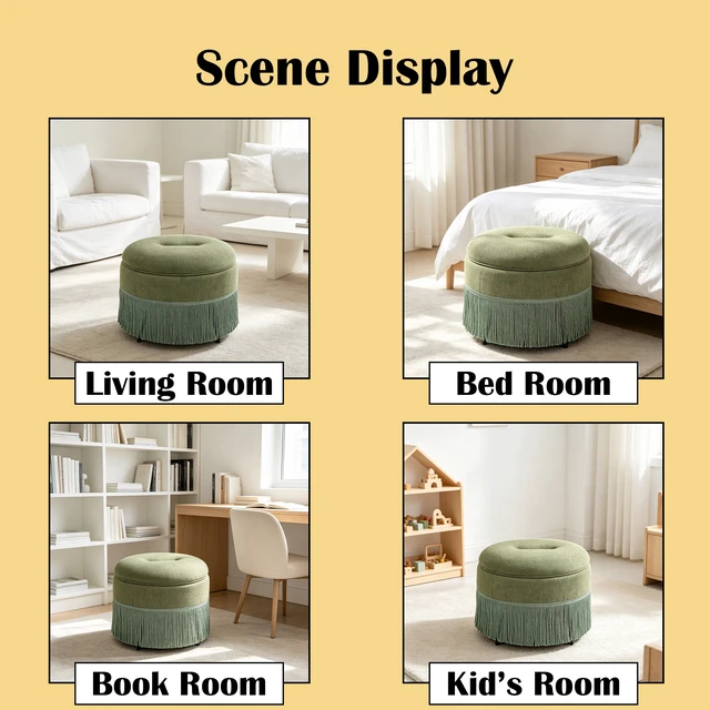 Alt view image 4 of 7 - Round Storage Ottoman Bench, 23.23 Inch Upholstered Footstool with Tassel Fringe 300 LBS Capacity Circular Storage Foot