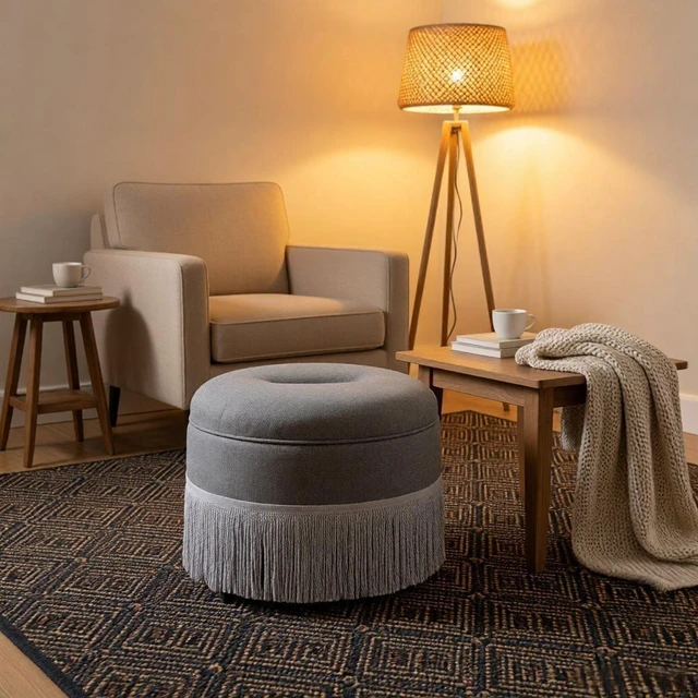 Main image of Round Storage Ottoman Bench, 23.23 Inch Upholstered Footstool with Tassel Fringe 300 LBS Capacity Circular Storage Foot