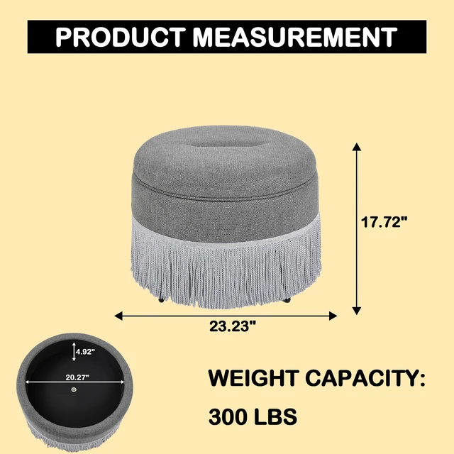 Alt view image 2 of 7 - Round Storage Ottoman Bench, 23.23 Inch Upholstered Footstool with Tassel Fringe 300 LBS Capacity Circular Storage Foot