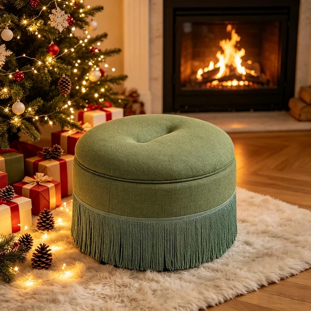 Main image of Round Storage Ottoman Bench, 23.23 Inch Upholstered Footstool with Tassel Fringe 300 LBS Capacity Circular Storage Foot