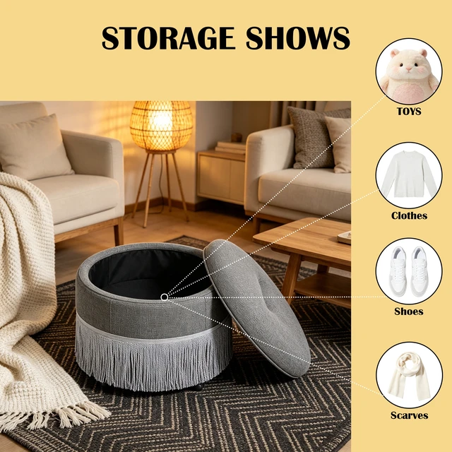 Alt view image 3 of 7 - Round Storage Ottoman Bench, 23.23 Inch Upholstered Footstool with Tassel Fringe 300 LBS Capacity Circular Storage Foot