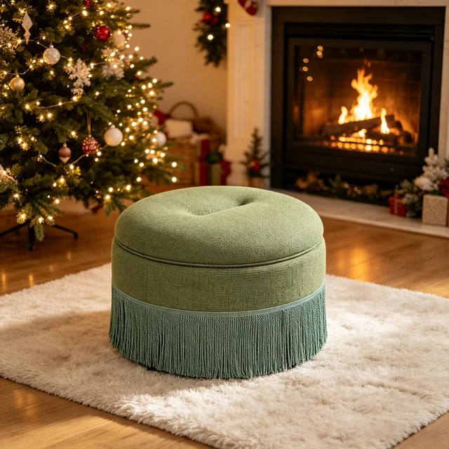 Alt view image 7 of 7 - Round Storage Ottoman Bench, 23.23 Inch Upholstered Footstool with Tassel Fringe 300 LBS Capacity Circular Storage Foot