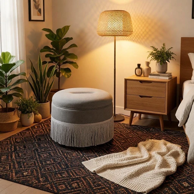 Alt view image 7 of 7 - Round Storage Ottoman Bench, 23.23 Inch Upholstered Footstool with Tassel Fringe 300 LBS Capacity Circular Storage Foot