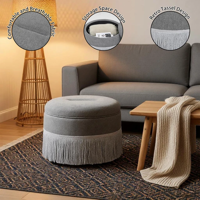 Alt view image 5 of 7 - Round Storage Ottoman Bench, 23.23 Inch Upholstered Footstool with Tassel Fringe 300 LBS Capacity Circular Storage Foot