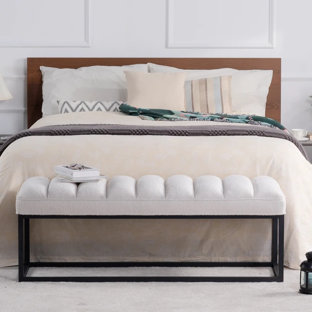 Alt view image 2 of 7 - Metal Base Upholstered Bench for Entryway, White, Velvet, Ottomans