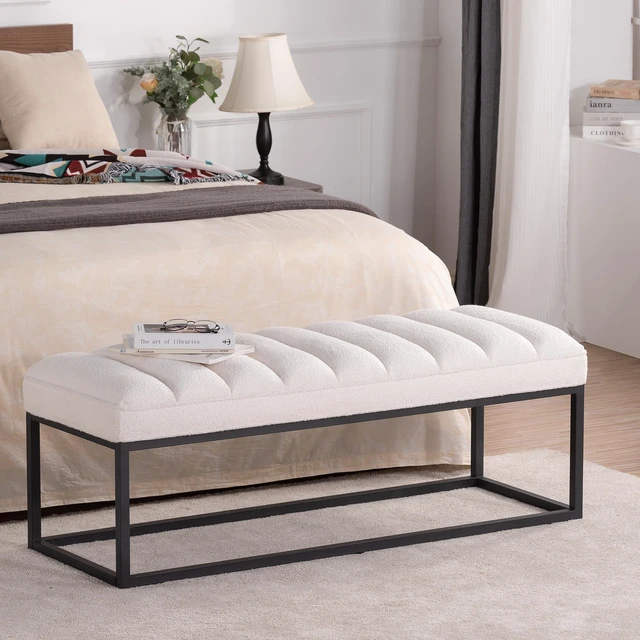 Main image of Metal Base Upholstered Bench for Entryway, White, Velvet, Ottomans