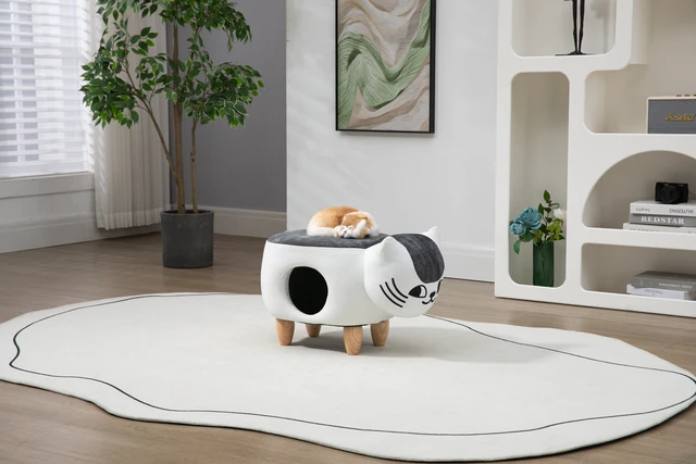 Alt view image 3 of 7 - Caroline the Cat Ottoman, White Gray, Microfiber