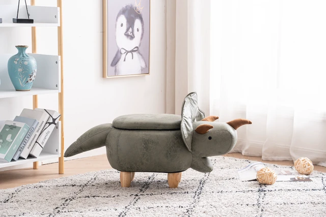Alt view image 3 of 7 - Dean the Dinosaur Storage Ottoman, Light Sage Green, PU