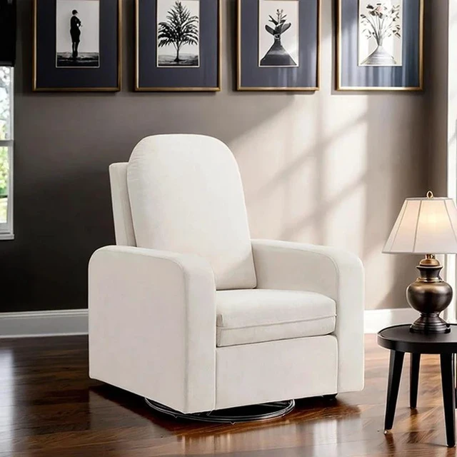 Alt view image 4 of 6 - Glider Swivel Chair Box Seat Cushion Solid Rubberwood Living 1 pc, White, Fabric, Metal and Rubber Wood, Recliners