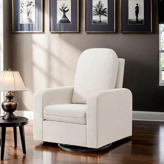 Alt view image 6 of 6 - Glider Swivel Chair Box Seat Cushion Solid Rubberwood Living 1 pc, White, Fabric, Metal and Rubber Wood, Recliners
