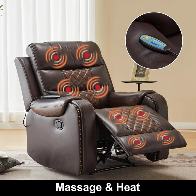 Alt view image 4 of 7 - Heated Massage Recliner with Remote Control, Featuring Manual Adjustment, Brown, Faux Leather, Recliners Massage Chairs