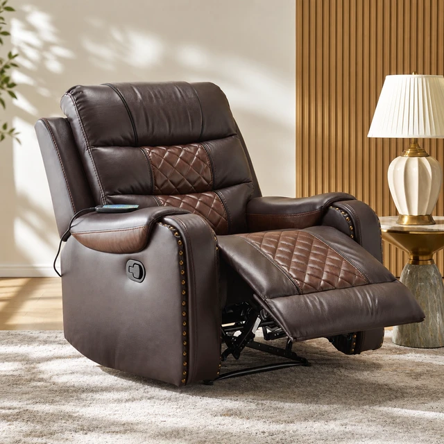 Alt view image 2 of 7 - Heated Massage Recliner with Remote Control, Featuring Manual Adjustment, Brown, Faux Leather, Recliners Massage Chairs