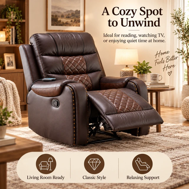 Alt view image 7 of 7 - Heated Massage Recliner with Remote Control, Featuring Manual Adjustment, Brown, Faux Leather, Recliners Massage Chairs