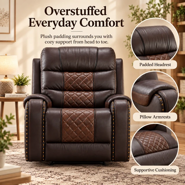 Alt view image 6 of 7 - Heated Massage Recliner with Remote Control, Featuring Manual Adjustment, Brown, Faux Leather, Recliners Massage Chairs