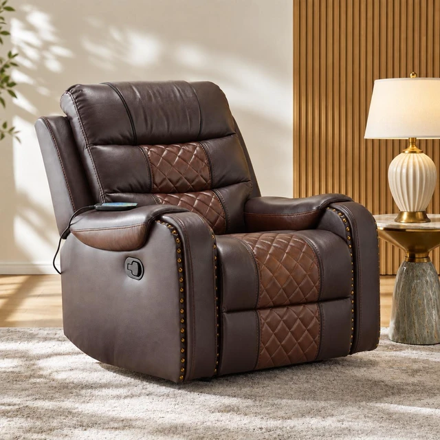 Main image of Heated Massage Recliner with Remote Control, Featuring Manual Adjustment, Brown, Faux Leather, Recliners Massage Chairs