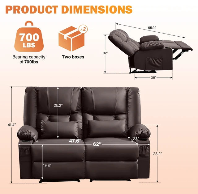 Alt view image 2 of 7 - Recliner Loveseat with Massage and Heating for Living, Love Seat Manual Recliner with Cup Holders Side Pocket