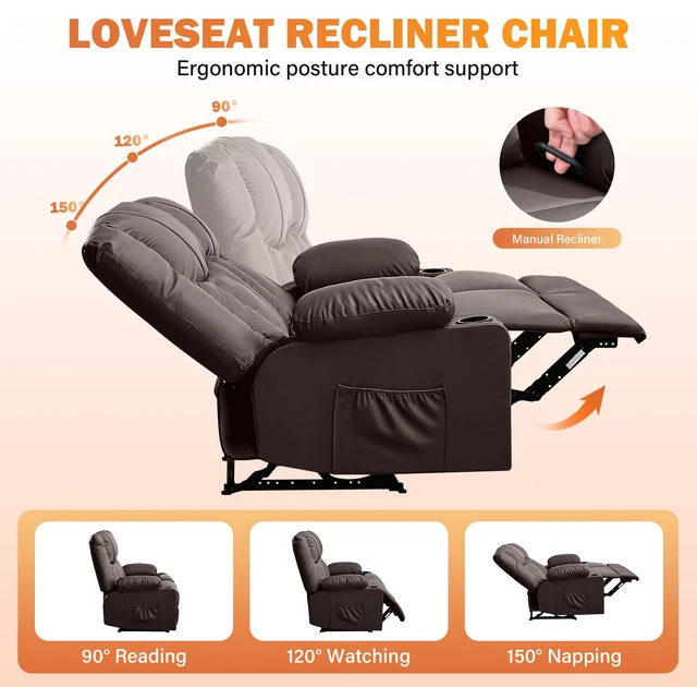 Alt view image 3 of 7 - Recliner Loveseat with Massage and Heating for Living, Love Seat Manual Recliner with Cup Holders Side Pocket