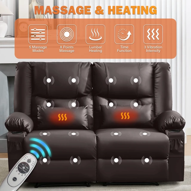 Alt view image 4 of 7 - Recliner Loveseat with Massage and Heating for Living, Love Seat Manual Recliner with Cup Holders Side Pocket