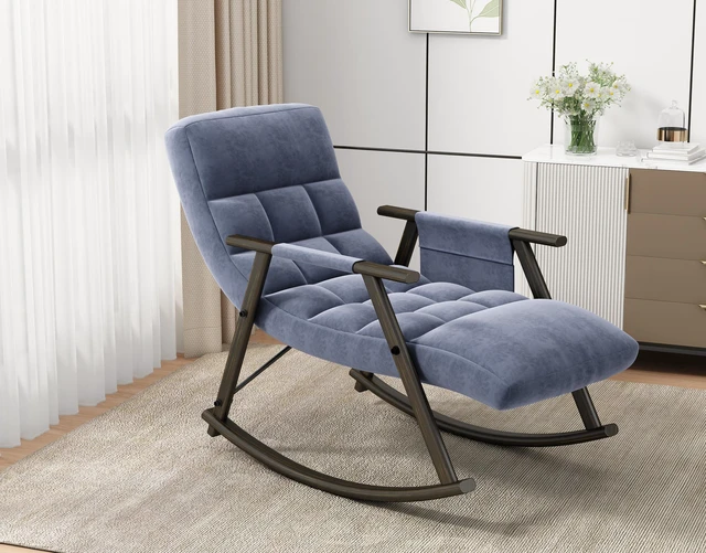 Main image of Upholstered Folding Rocking Lounge Chair with Adjustable Back, Footrest and Side Pockets Living, Blue, Velvet