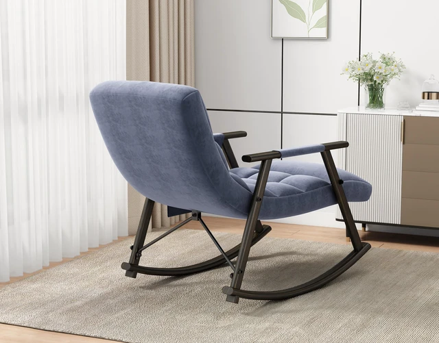 Alt view image 6 of 7 - Upholstered Folding Rocking Lounge Chair with Adjustable Back, Footrest and Side Pockets Living, Blue, Velvet