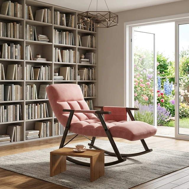 Alt view image 2 of 7 - Folding Upholstered Rocking Chair, Adjustable High-Back Lounge Rocker with Footrest and Side Pockets for Living, Pink