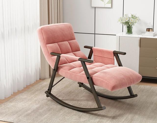 Alt view image 4 of 7 - Folding Upholstered Rocking Chair, Adjustable High-Back Lounge Rocker with Footrest and Side Pockets for Living, Pink