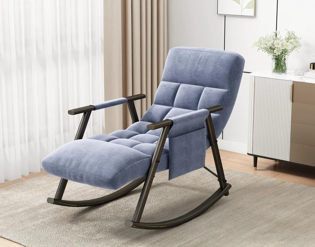 Alt view image 3 of 7 - Upholstered Folding Rocking Lounge Chair with Adjustable Back, Footrest and Side Pockets Living, Blue, Velvet