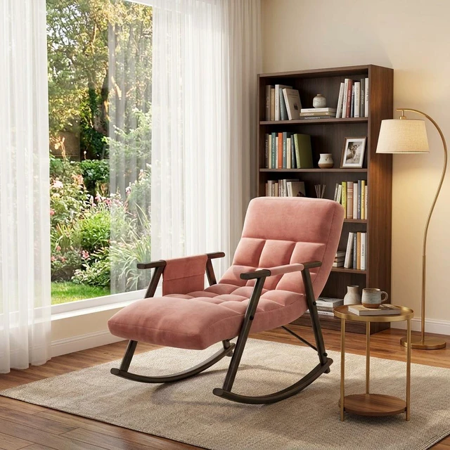Main image of Folding Upholstered Rocking Chair, Adjustable High-Back Lounge Rocker with Footrest and Side Pockets for Living, Pink