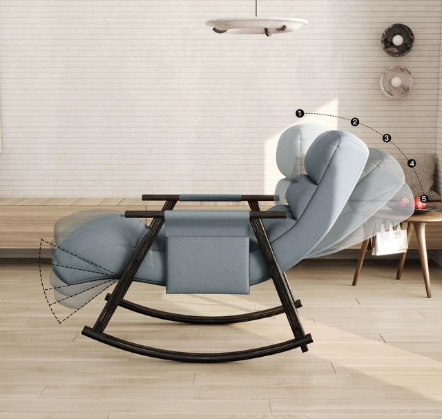Alt view image 5 of 7 - Upholstered Folding Rocking Lounge Chair with Adjustable Back, Footrest and Side Pockets Living, Blue, Velvet